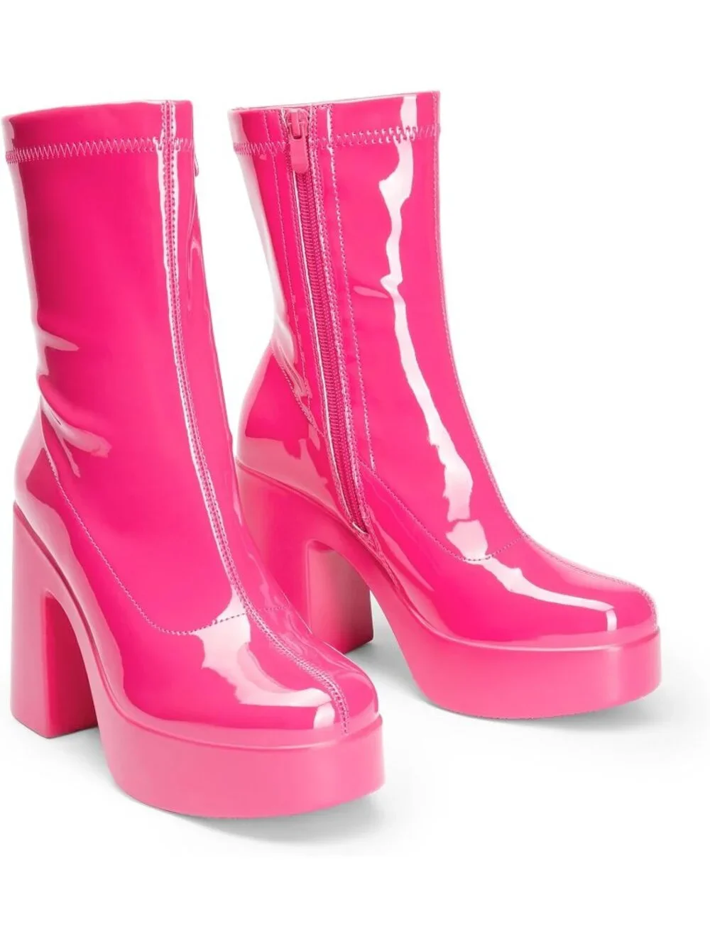 Dream Pairs Women's Hot Pink Pat Square Toe Gogo Chunky Block Heel Ankle Booties